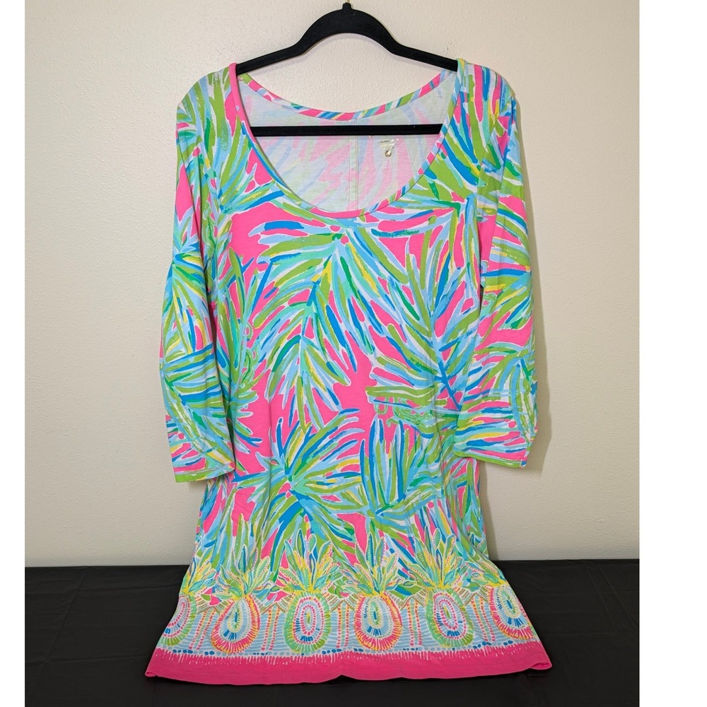 Lilly Pulitzer XL Beacon Shift Dress in Tiki Pink Royal Lime Pima Cotton